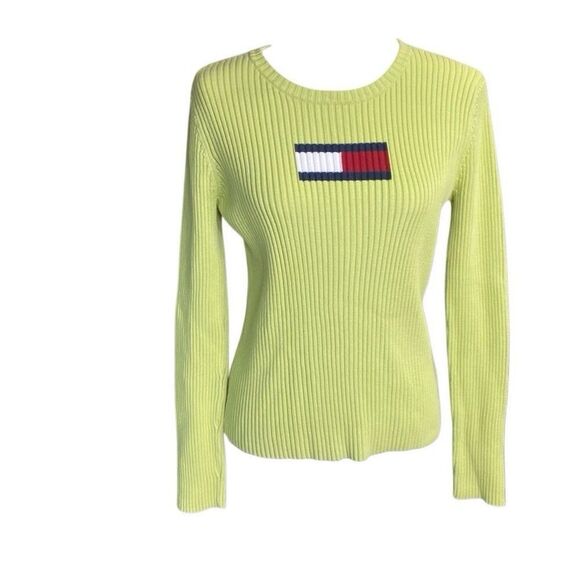Tommy Hilfiger Pullover Sweater Women’s M Green Logo Rib Knit Y2K Retro Vintage - Picture 1 of 6